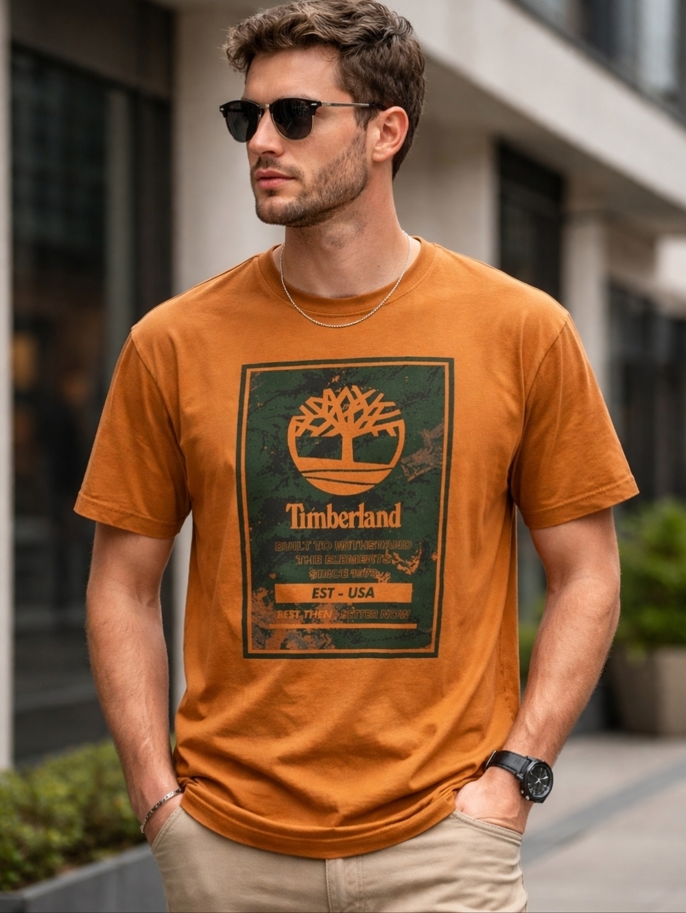 Timberland Tan Graphic Tee/ 100% Organic Cotton/ Size US M